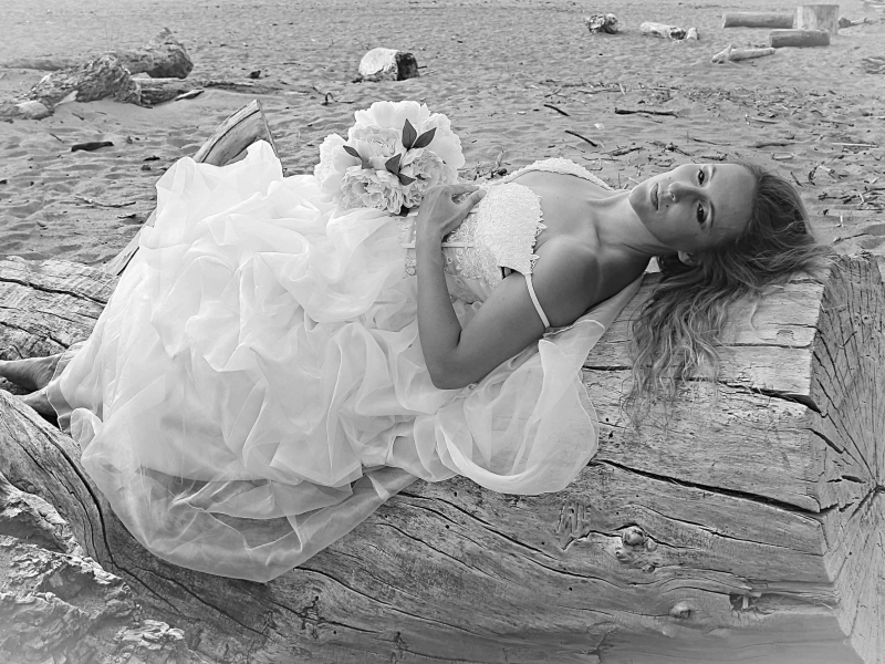 mireasă într-un cadru artistic alb-negru în natură, ședință foto de nuntă în Brăila
